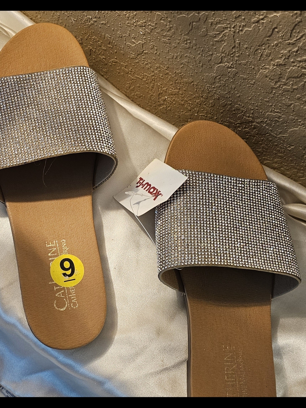 Catherine's Collection Silver Rhinestone Slide Sandals with Tan Footbed Size 9